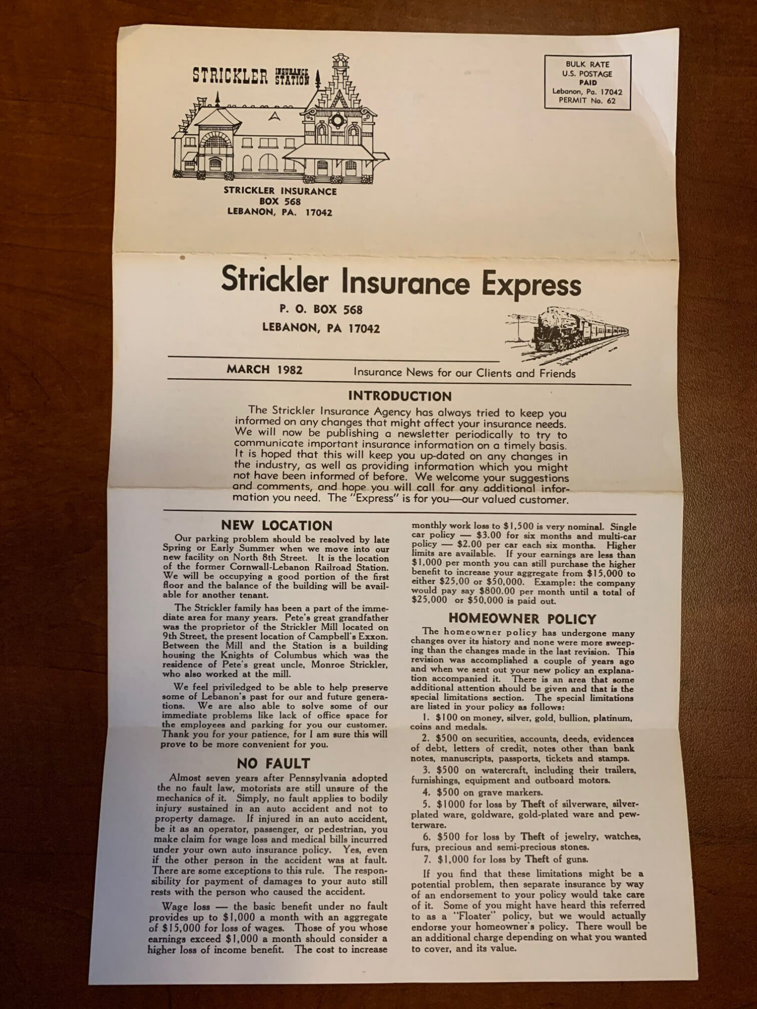 Strickler Express Insurance News From 1982 Front Page.